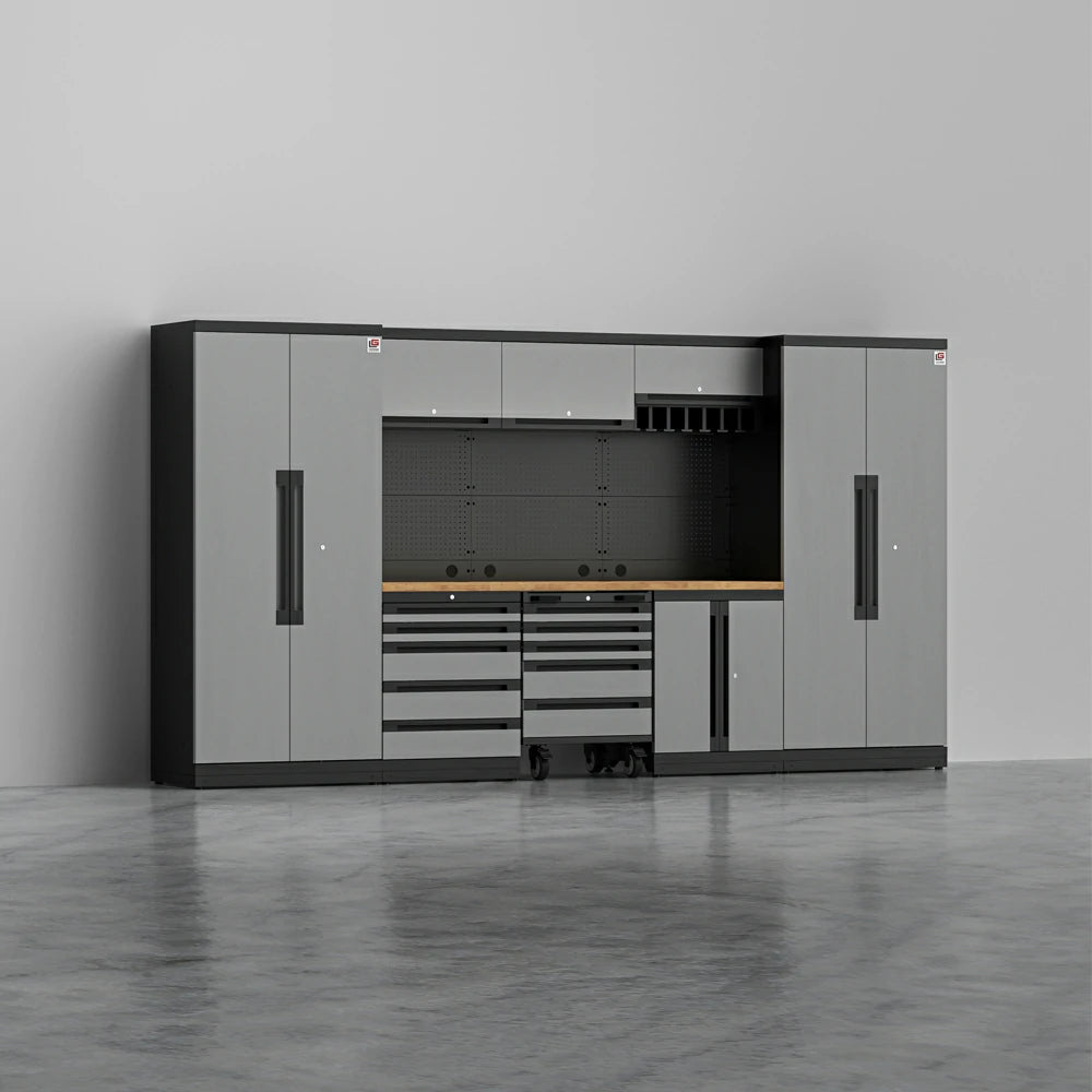 TITAN 3 — 22-Piece Steel Garage Cabinets, Cart + Power Tool Rack | GarageBaseSystems Garagebasesystems
