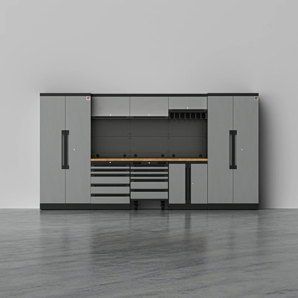 TITAN 3 — 22-Piece Steel Garage Cabinets, Cart + Power Tool Rack | GarageBaseSystems Garagebasesystems