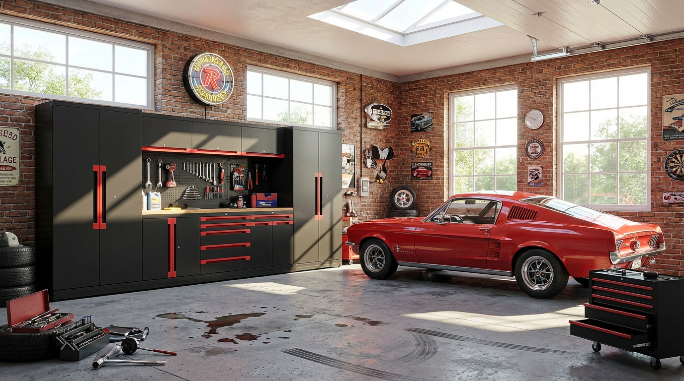 Modern garage with red car, tool cabinets, and brick walls.