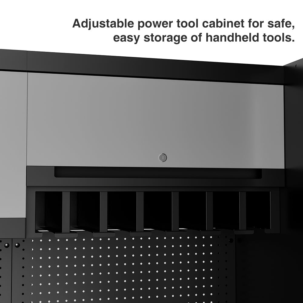 KRONOS 2 — 17-Piece Steel Garage Cabinets with Power Tool Rack | GarageBaseSystems Garagebasesystems