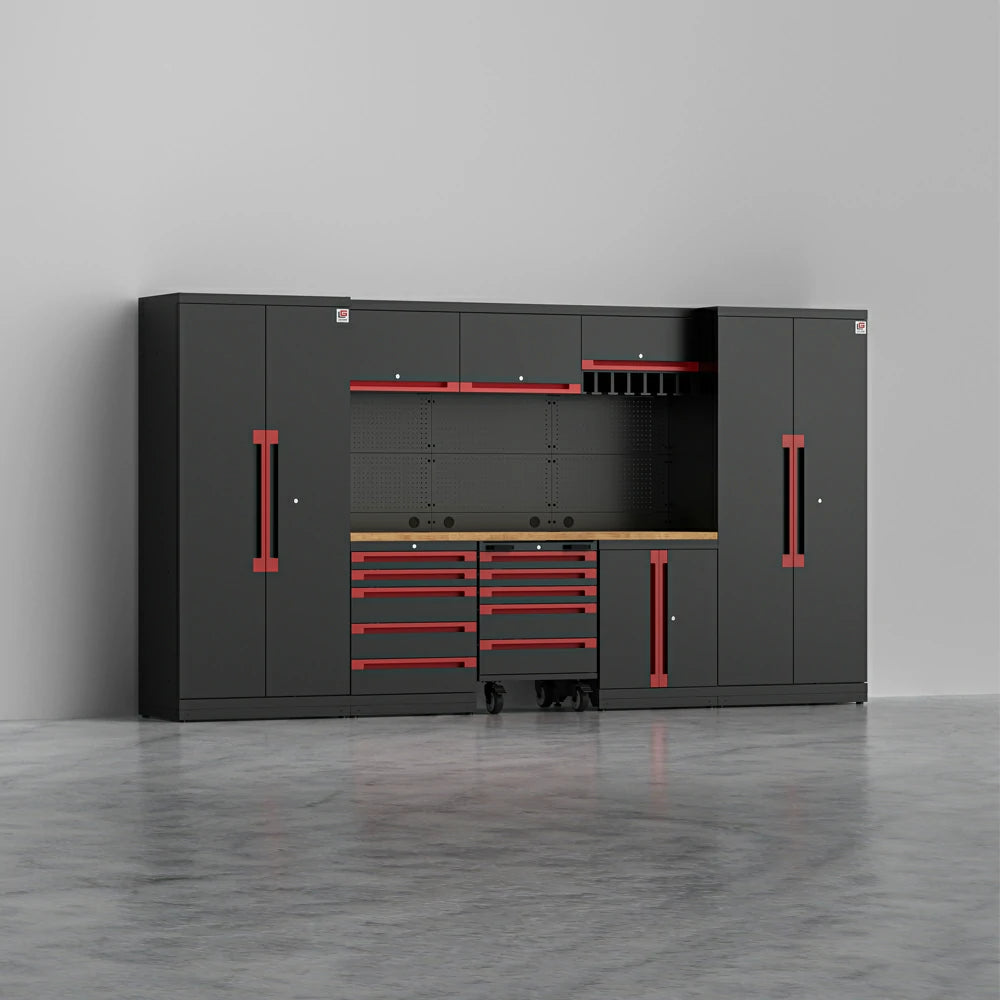 TITAN 3 — 22-Piece Steel Garage Cabinets, Cart + Power Tool Rack | GarageBaseSystems Garagebasesystems