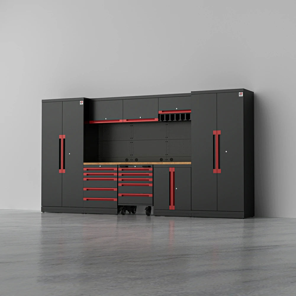 TITAN 3 — 22-Piece Steel Garage Cabinets, Cart + Power Tool Rack | GarageBaseSystems Garagebasesystems