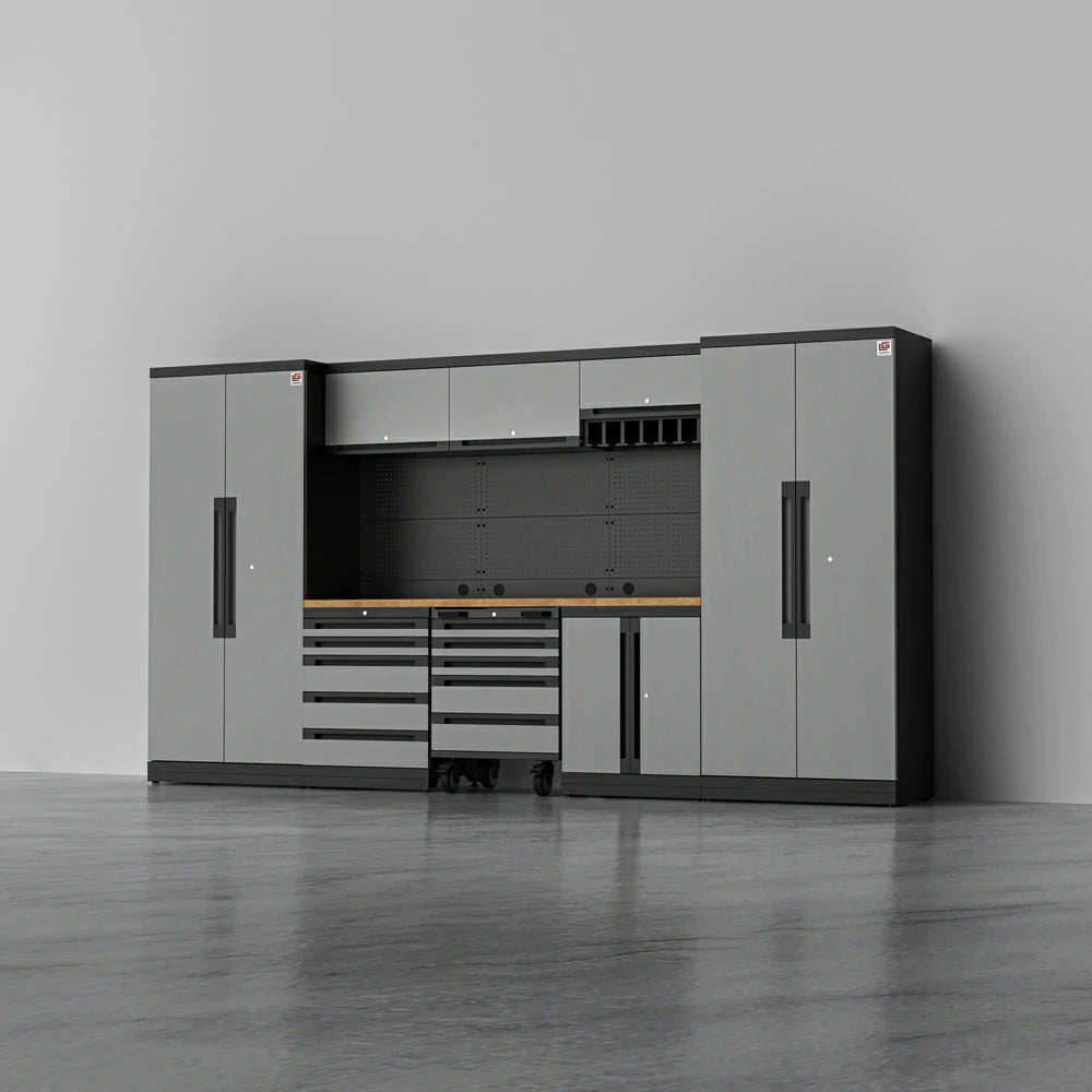TITAN 3 — 22-Piece Steel Garage Cabinets, Cart + Power Tool Rack | GarageBaseSystems Garagebasesystems