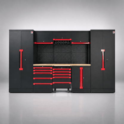 TITAN 3 — 22-Piece Steel Garage Cabinets, Cart + Power Tool Rack | GarageBaseSystems Garagebasesystems